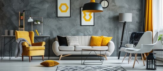 A gray living room is furnished with a sofa, chairs, a standing lamp, a small table, yellow...