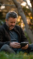 Mature Man Reading E-Book in Park at Sunset - Serenity, Technology, Leisure