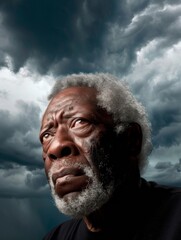 Senior African American Man Contemplating Under Stormy Skies