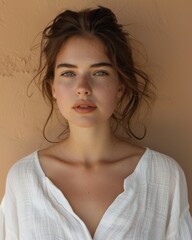 Fototapeta premium Young Caucasian Woman in Casual White Shirt Posing Indoors with Natural Light