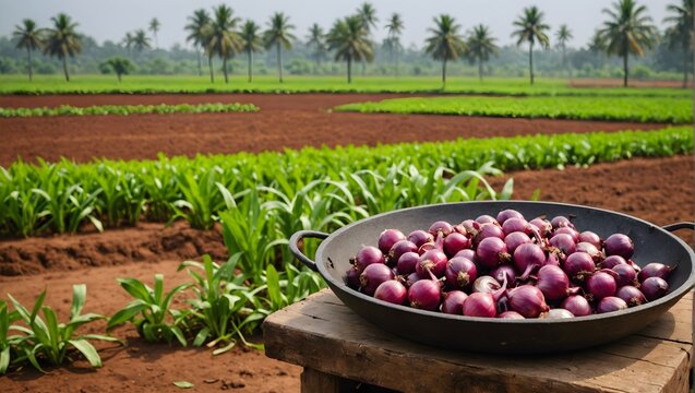 Red-onion--shallots-and-garlic-organic-farm-fresh-ingredients-for-Indian-curry-in-kitchen-Kerala--India-with-beautiful-background