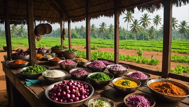Red-onion--shallots-and-garlic-organic-farm-fresh-ingredients-for-Indian-curry-in-kitchen-Kerala--India-with-beautiful-background