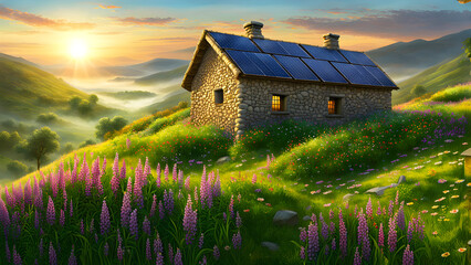 A separate small house on the grassland, a vacation home, wilderness life - obrazy, fototapety, plakaty