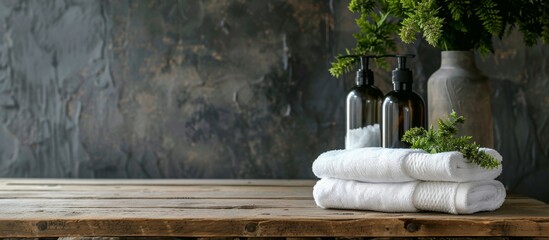 Arrangement of assorted towels alongside various sizes of soap bottles on a rustic wooden table, enhanced with a vibrant green potted plant - obrazy, fototapety, plakaty