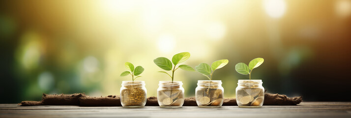 Five young plant green buds in clear glass planter pots with lucky coins and gold dust. Little sprouts in transparent flowerpots on blurred nature background with sunlight, bokeh lights and copyspace. - obrazy, fototapety, plakaty