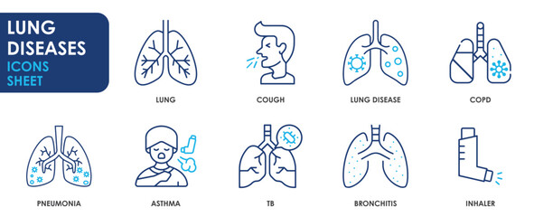 lung disease icons, such as copd, cough and so on. Icons set related to respiration.