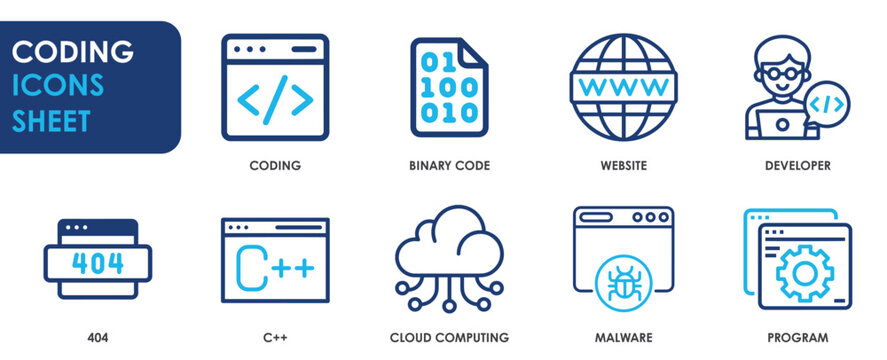 coding icon set. Software development icon collection. Computer and development related icons set.