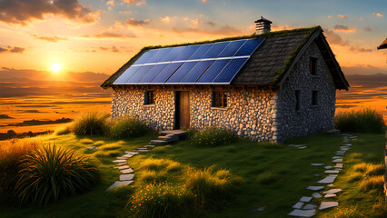 A separate small house on the grassland, a vacation home, wilderness life - obrazy, fototapety, plakaty