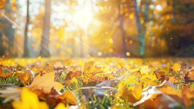 yellow leaves on ground in fall park. warm sunlight at a autumn park.  carpet of autumn. seamless looping overlay 4k virtual video animation background