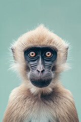 Funny hilarious monkey portrait animal closeup photo, isolated with brown eyes, on a flat background, nature photography, portrait