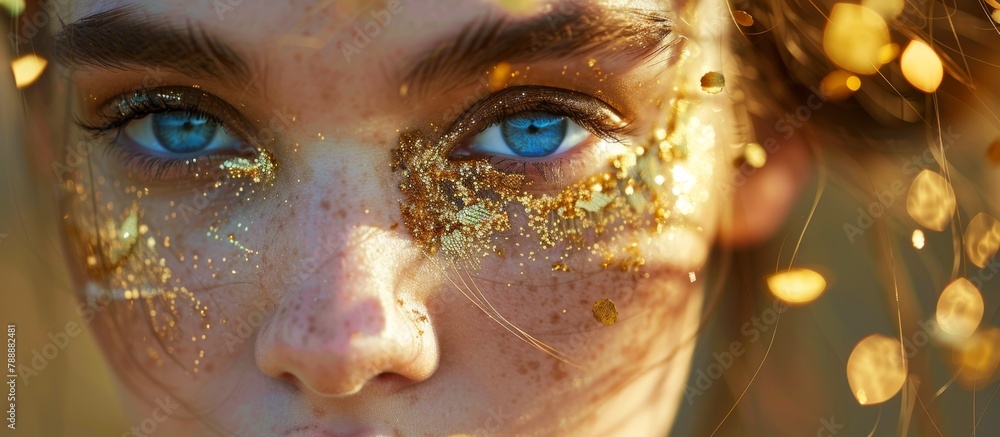Poster a stunning close-up image showcasing a woman's face adorned with shimmering glitter particles, accen