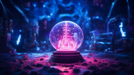 Crystal ball with pink light projection on a surface with a futuristic neon background. Science and mysticism concept with copy space. Design for music album, book cover, or sci-fi poster. - obrazy, fototapety, plakaty