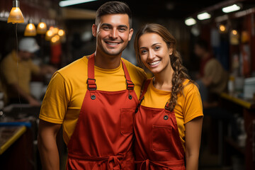 Radiant entrepreneurs showing off their shop, wearing bright uniforms that emphasize their happiness and the success of their business.