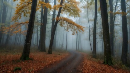 Misty forest path with vibrant autumn colors