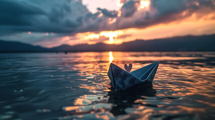 Paper boat with a heart sail floating on water at sunset. Symbol of hope and dreams concept with copy space. Design for motivational poster, tranquil scene, or peaceful background. - obrazy, fototapety, plakaty