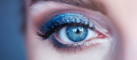 A detailed view of a female eye highlighting the blue eyeliner makeup applied with precision and flair - obrazy, fototapety, plakaty