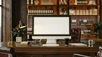 Blank mockup of a monitor on a desk in a law office with a blank document on the screen. .