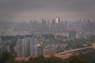 Aerial view of Chongqing skyline and river scenery in the early morning