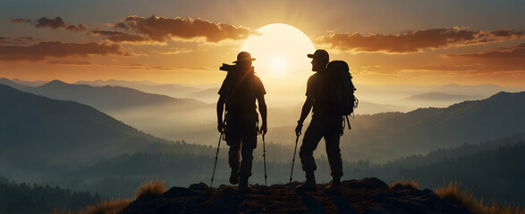 Exploration and Freedom: 3D Backpacker Silhouette Against Mountain Sunrise on Horizon - Stock Photo