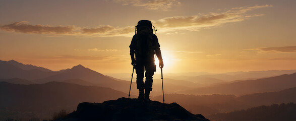 3D Icon: Horizon Hikers - A joyful backpacker silhouette against the sunrise on a mountain horizon, symbolizing new beginnings. (Backpacker exposure with natural photo stock construction concept)