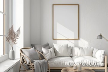 Scandinavian style living room with poster mockup created with generative ai