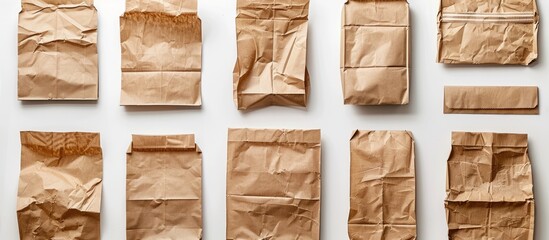Brown paper bag collection separated on a white backdrop