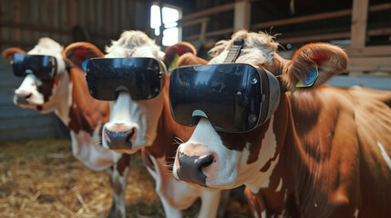 Cows with virtual reality headsets in a barn.