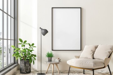 Scandinavian style living room with poster mockup created with generative ai