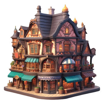 A detailed isometric illustration of a Mad Hatter's hat shop. A quirky building stacked with different colored hats in various styles, perfect for RPG shops or avatar customization