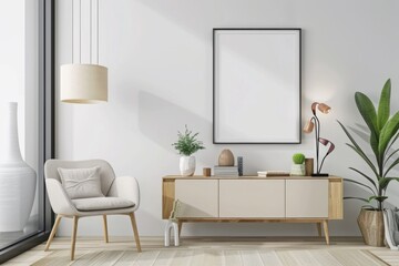 Scandinavian style living room with poster mockup created with generative ai