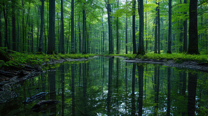 Fototapeta na wymiar Wetlands forest with reflections in water 