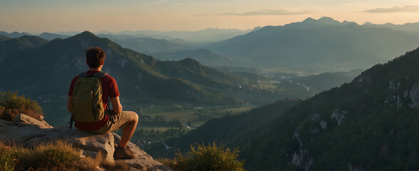Blissful Backpacking: Joyful Backpacker Overlooking Breathtaking Mountain Range from Cliff Edge - Natural Photo Stock Concept - obrazy, fototapety, plakaty