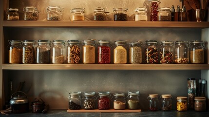 Ruby-colored spices arranged neatly on a kitchen shelf, ready for use.