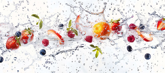 Vibrant water splash with fruits and berries on white background