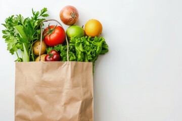 Paper bag full of fresh organic vegetables on white background. Healthy food shopping concept