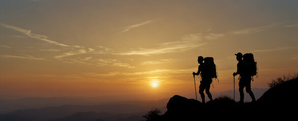 Horizon Hikers: Silhouette of Backpacker against Mountain Sunrise, Symbolizing New Beginnings - Natural Photo Stock Concept