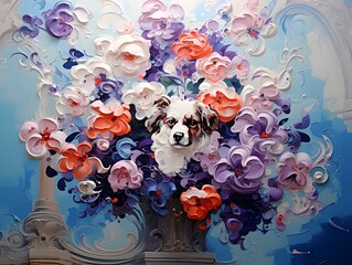 Abstract oil painting for dogs surrounded by bouquets. (Great to print and use as a mural.)