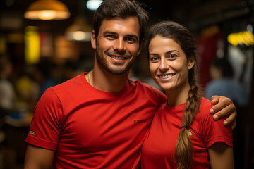 Fototapeta premium Two happy-looking entrepreneurial boys posing in their business, dressed in colorful uniforms