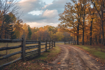 Fototapeta na wymiar Rustic Autumn Farm Scene with Winding Dirt Road