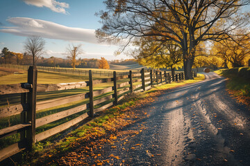 Fototapeta premium Rustic Autumn Farm Scene with Winding Dirt Road