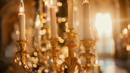 Delicate Details Outoffocus candelabras and golden trinkets add a touch of faded glamour to the background evoking a sense of nostalgia and mystery. . - obrazy, fototapety, plakaty