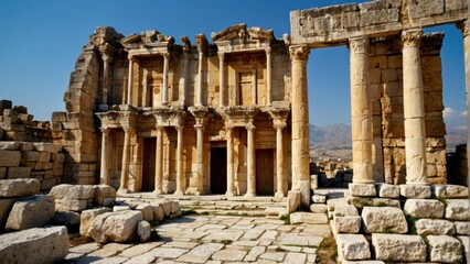 Ancient Roman arch ruins against mountains