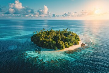 Top view of a lonely island with lots of tropical