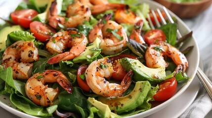 A salad loaded with leafy greens cherry tomatoes avocado slices and grilled shrimp dressed with a homemade vinaigrette. 2d flat cartoon.