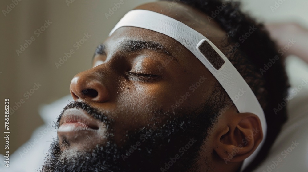 Poster closeup of a sensorpacked headband worn by an athlete monitoring their sleep quality and patterns to