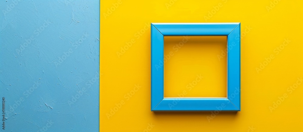 Aufkleber a simple blue and yellow frame is displayed on a wall with a coordinating blue and yellow background