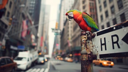 Vibrant Parrot Perched on Urban Street Sign AI Generated