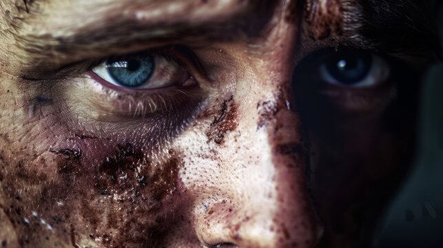 Closeup of a bruised and tearstained face with the words domestic violence written in bold letters across the image. This powerful visual depicts the physical and emotional toll of .