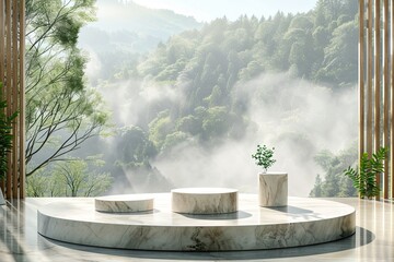3D render nature product display podium with forest background