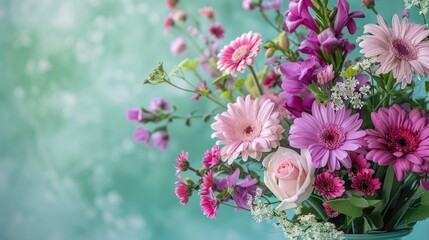 Obraz na płótnie Canvas Celebrate Mother s Day Spring Summer and beyond with a delightful display of pink purple and white flowers against a soft pastel green backdrop This nature inspired flying flower arrangemen